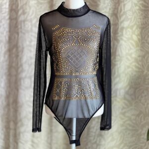 NWT Haute Project Black‎ Mesh Gold Studded Sheer Bodysuit Festival Y2K Glam Sz L